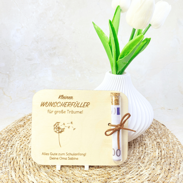 Geldgeschenk Wunscherfüller aus Holz – personalisierte Karte mit Gravur & Reagenzglas zur Einschulung, Geburtstag, Dankeschön