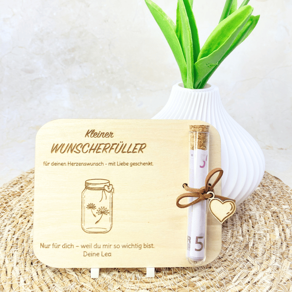 Geldgeschenk Wunscherfüller aus Holz – personalisierte Karte mit Gravur & Reagenzglas zur Einschulung, Geburtstag, Dankeschön