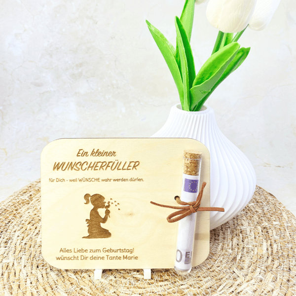 Geldgeschenk Wunscherfüller aus Holz – personalisierte Karte mit Gravur & Reagenzglas zur Einschulung, Geburtstag, Dankeschön
