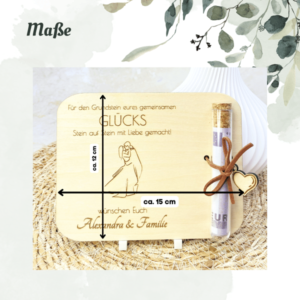 Geldgeschenk zur Hochzeit mit Reagenzglas & Gravur | Personalisierte Holzkarte