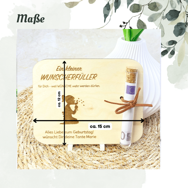 Geldgeschenk Wunscherfüller aus Holz – personalisierte Karte mit Gravur & Reagenzglas zur Einschulung, Geburtstag, Dankeschön