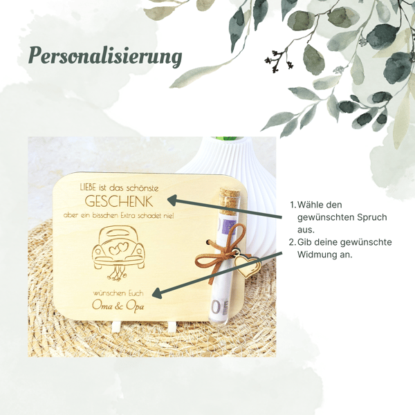 Geldgeschenk zur Hochzeit mit Reagenzglas & Gravur | Personalisierte Holzkarte