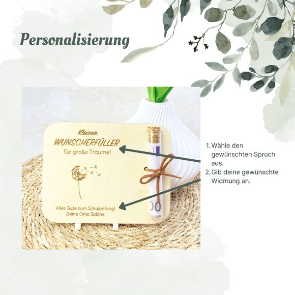 Geldgeschenk Wunscherfüller aus Holz – personalisierte Karte mit Gravur & Reagenzglas zur Einschulung, Geburtstag, Dankeschön