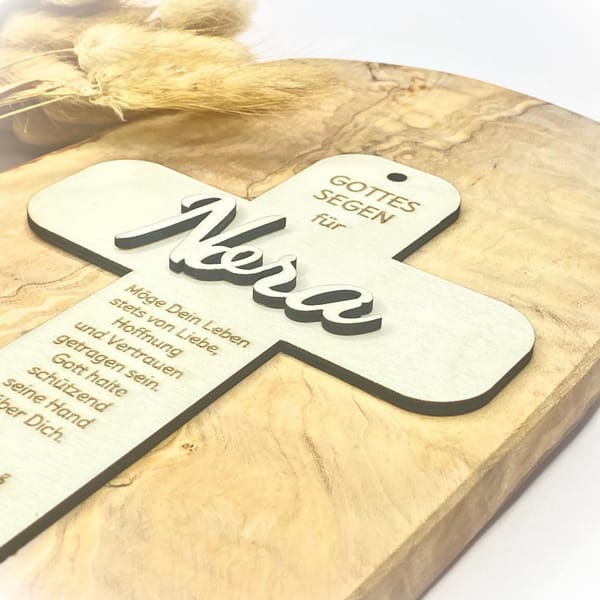 Taufkreuz personalisiert für Jungen und Mädchen aus Holz - mit Name und Spruch – Taufe, Kommunion, Konfirmation, Firmung