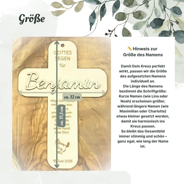 Taufkreuz personalisiert für Jungen und Mädchen aus Holz - mit Name und Spruch – Taufe, Kommunion, Konfirmation, Firmung
