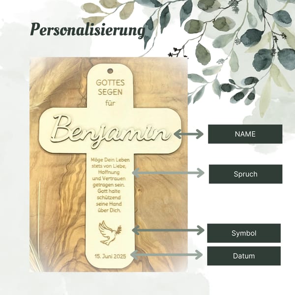 Taufkreuz personalisiert für Jungen und Mädchen aus Holz - mit Name und Spruch – Taufe, Kommunion, Konfirmation, Firmung