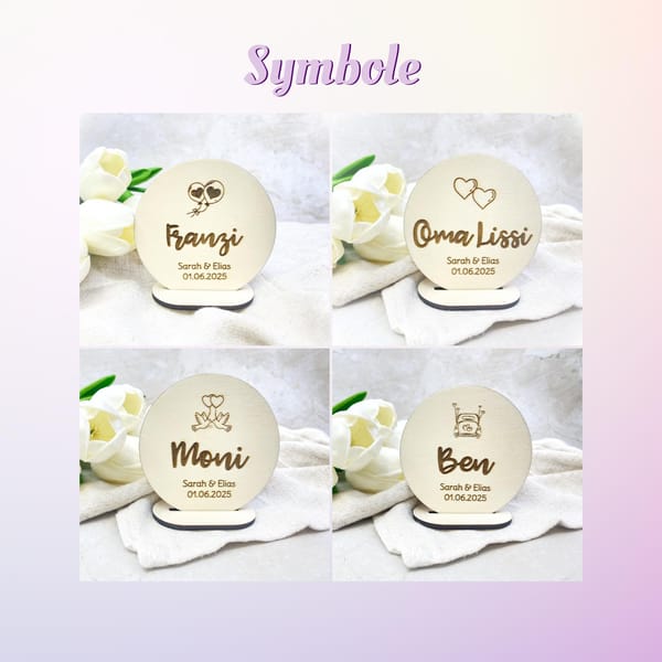 Tischkarte Hochzeit Holz personalisiert – Platzkarte mit Namen u. Hochzeitsdatum – Gastgeschenk nachhaltige Tischdeko mit Gravur - Taufe