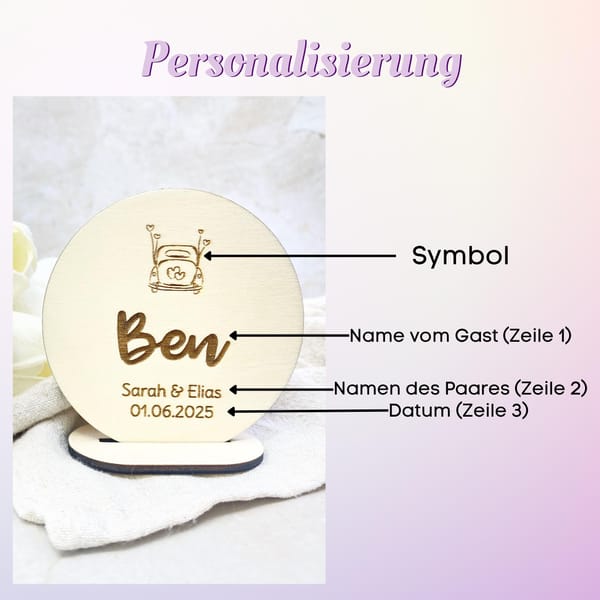 Tischkarte Hochzeit Holz personalisiert – Platzkarte mit Namen u. Hochzeitsdatum – Gastgeschenk nachhaltige Tischdeko mit Gravur - Taufe