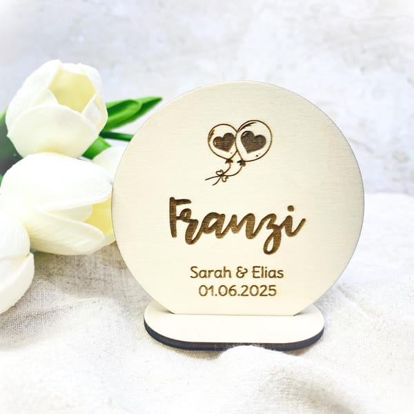 Tischkarte Hochzeit Holz personalisiert – Platzkarte mit Namen u. Hochzeitsdatum – Gastgeschenk nachhaltige Tischdeko mit Gravur - Taufe