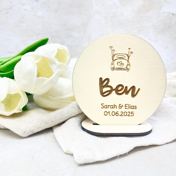 Tischkarte Hochzeit Holz personalisiert – Platzkarte mit Namen u. Hochzeitsdatum – Gastgeschenk nachhaltige Tischdeko mit Gravur - Taufe