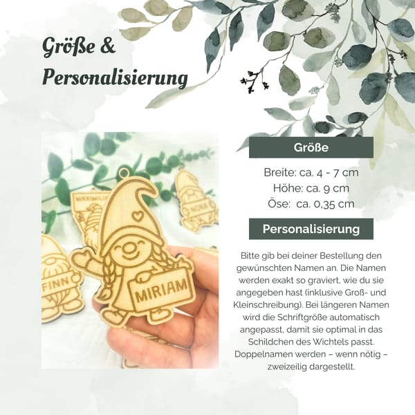 Personalisierte Holz-Wichtel zum Aufhängen - Handgemacht in verschiedenen Größen & Varianten - Namensschild gravierbar - CharmWerk Qualität