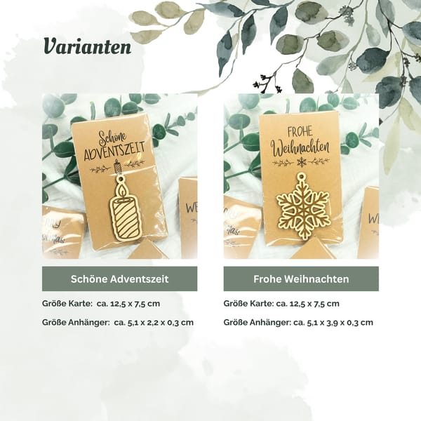 Weihnachtliche Kärtchen mit Holzanhänger - Frohe Weihnachten - Fröhliche Weihnachten - Schöne Adventszeit - Merry Christmas - Wichtelgeschenk
