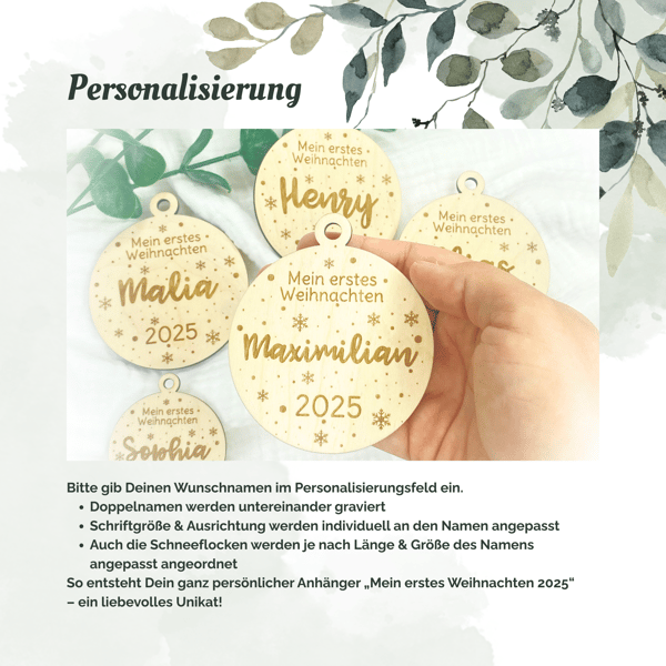 Handgemachte Holz-Christbaumkugel "Mein erstes Weihnachten" - Personalisierbar - Deutsche Handwerkskunst