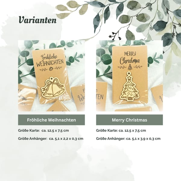 Weihnachtliche Kärtchen mit Holzanhänger - Frohe Weihnachten - Fröhliche Weihnachten - Schöne Adventszeit - Merry Christmas - Wichtelgeschenk