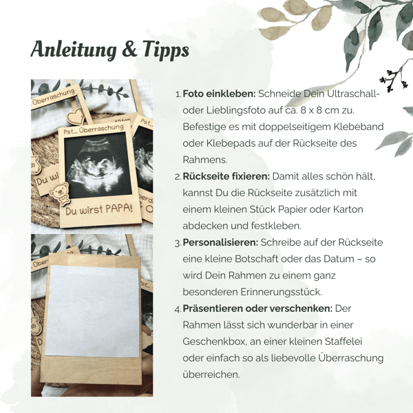 Schwangerschaft verkünden - Ultraschallbild Polaroid Fotorahmen – Du wirst Papa/Mama/Tante/Onkel/Oma/Opa – Handgemacht – 12x9 cm