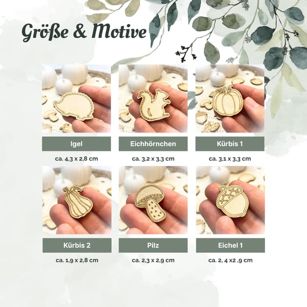 Streudeko Herbst aus Holz – 10 Motive – Igel, Kürbis, Eichhörnchen, Pilz, Eichel – Herbstdeko natur Lasergravur Tischdeko & Bastelmaterial
