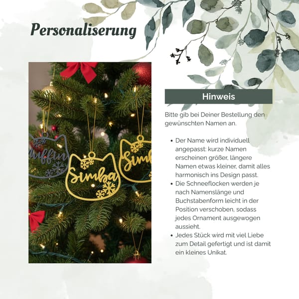 Personalisierter Katzenanhänger Weihnachten – Katzenkopf Christbaumschmuck mit Namen – Geschenk für Katzenfreunde