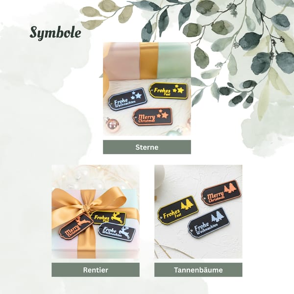Weihnachtliche Geschenkanhänger – Frohe Weihnachten, Frohes Fest oder Merry Christmas | 3D gedruckte Anhänger mit Symbolen Sterne, Rentier, Tannenbäume