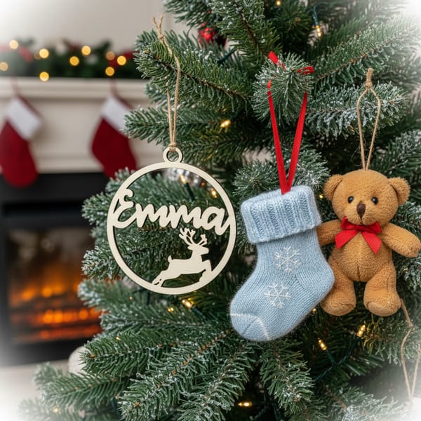 Weihnachtsbaum Anhänger personalisiert – Christbaumkugel Holz Namensanhänger Weihnachten – Geschenk mit Name – Rentier Sterne Engel Tannen