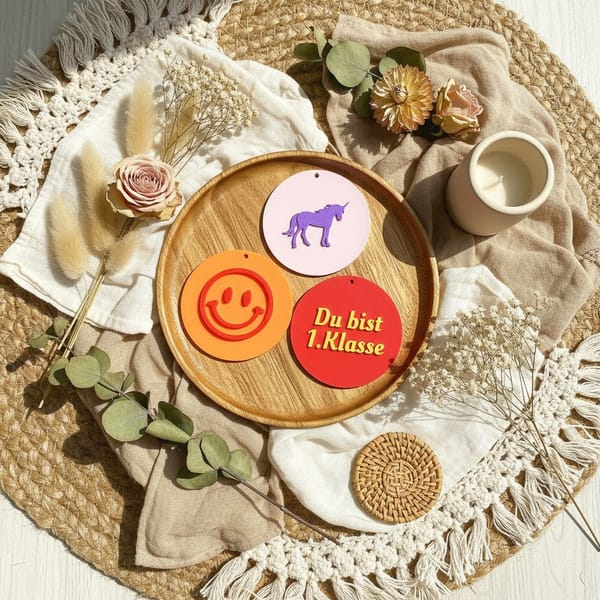 Rucksackanhänger Kinder – Bunte 3D Motive zur Einschulung – Einhorn, Rakete, Smiley, 1. Klasse – Geschenk Schulstart viele Farbkombinationen