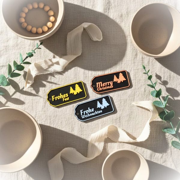 Weihnachtliche Geschenkanhänger – Frohe Weihnachten, Frohes Fest oder Merry Christmas | 3D gedruckte Anhänger mit Symbolen Sterne, Rentier, Tannenbäume