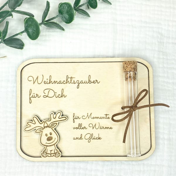Geldgeschenk Weihnachten Holz mit Reagenzglas – personalisiertes Weihnachtsgeschenk Gravur