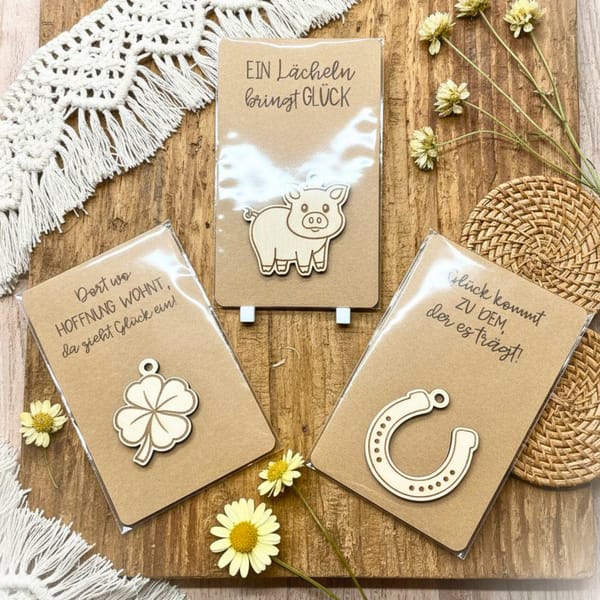 Glücksanhänger Holz – Kleeblatt, Glücksschwein oder Hufeisen mit Spruch | Geschenkidee Glücksbringer Neujahr, Geburtstag, Prüfung