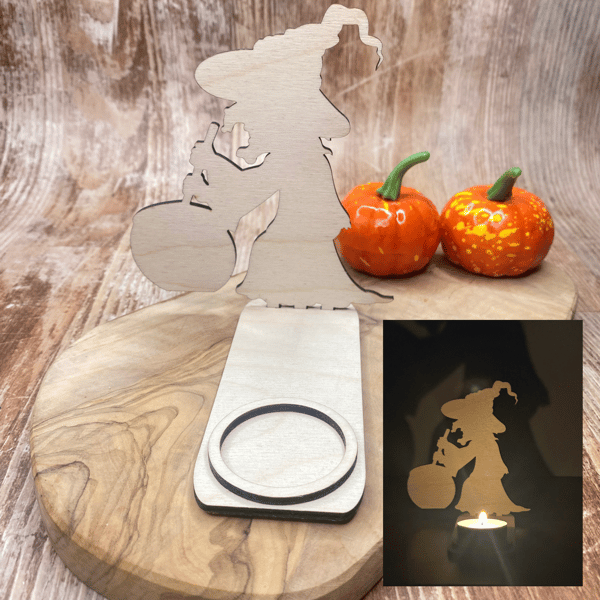 Halloween Teelichthalter Holz – Schattenfiguren Hexe, Kürbis & Zombie Hand – Halloween Deko mit gruseligem Schattenwurf