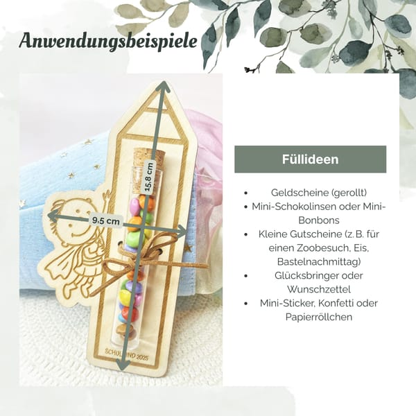 Einschulung Geschenk 2025 – Holz-Stift mit Reagenzglas zum Befüllen – Deko & Mitbringsel für die Schultüte - Erstklässler - Schulkind