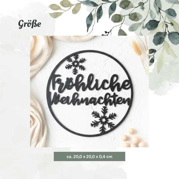 Türkranz Fröhliche Weihnachten Türschild, Wanddeko modern, Weihnachtskranz schwarz rund mit Schneeflocken, Weihnachtsdekoration