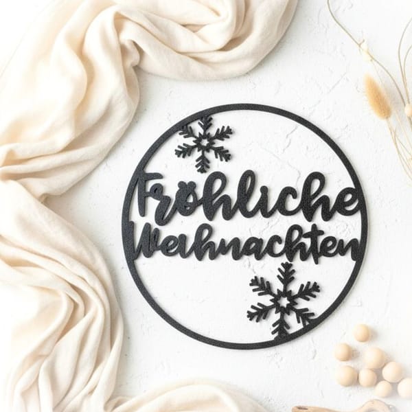 Türkranz Fröhliche Weihnachten Türschild, Wanddeko modern, Weihnachtskranz schwarz rund mit Schneeflocken, Weihnachtsdekoration