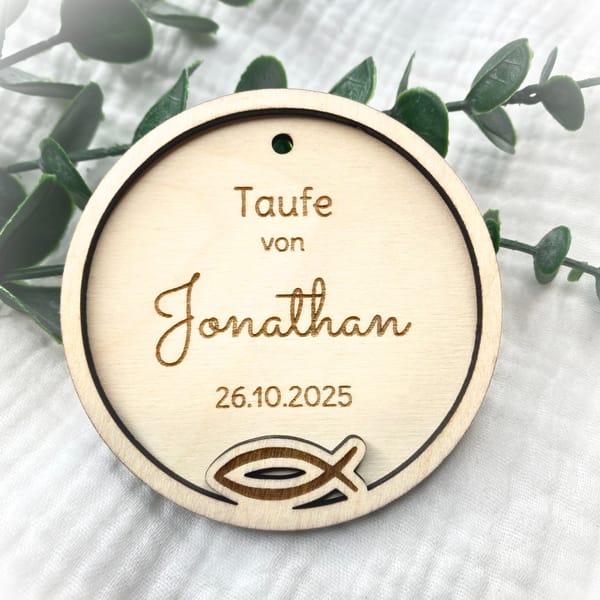 Personalisierte Holzschild Taufe mit Name und Datum – Erinnerungsstück Ichthys Fisch – Geschenkidee für Paten & Familie