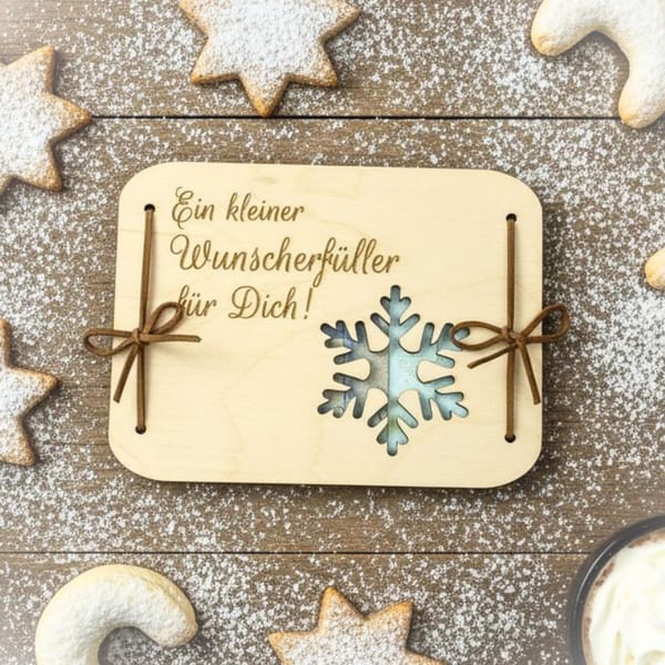 Geldgeschenk Weihnachten Wunscherfüller – Holzkarte mit Gravur Schneeflocke – personalisierte Geschenkidee – Geldverpackung Weihnachten Holz