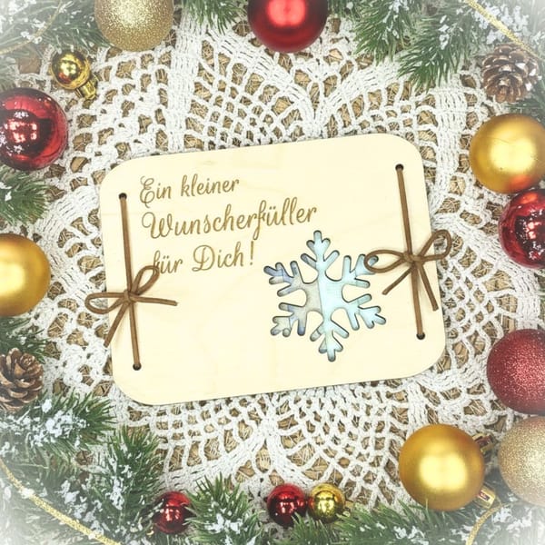 Geldgeschenk Weihnachten Wunscherfüller – Holzkarte mit Gravur Schneeflocke – personalisierte Geschenkidee – Geldverpackung Weihnachten Holz