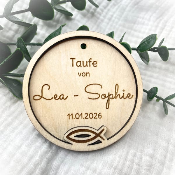 Personalisierte Holzschild Taufe mit Name und Datum – Erinnerungsstück Ichthys Fisch – Geschenkidee für Paten & Familie