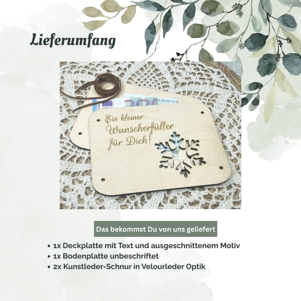 Geldgeschenk Weihnachten Wunscherfüller – Holzkarte mit Gravur Schneeflocke – personalisierte Geschenkidee – Geldverpackung Weihnachten Holz
