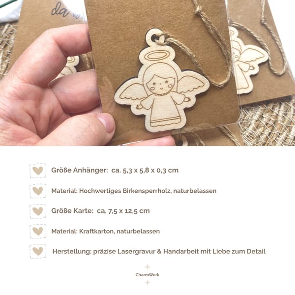 Schutzengel Anhänger aus Holz mit Spruchkarte – Engel Geschenk zur Taufe, Kommunion, Konfirmation oder als Dankeschön
