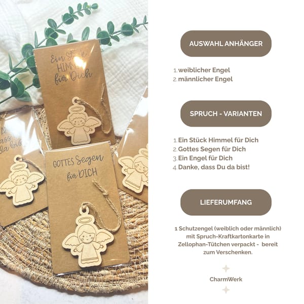Schutzengel Anhänger aus Holz mit Spruchkarte – Engel Geschenk zur Taufe, Kommunion, Konfirmation oder als Dankeschön