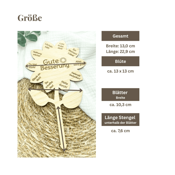 Blumenstecker Gute Besserung aus Holz – personalisierbar – Genesungsgeschenk Pflanze – Aufmunterung Geschenk – Holzstecker Genesungsgruß