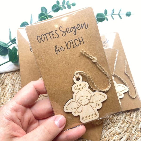 Schutzengel Anhänger aus Holz mit Spruchkarte – Engel Geschenk zur Taufe, Kommunion, Konfirmation oder als Dankeschön