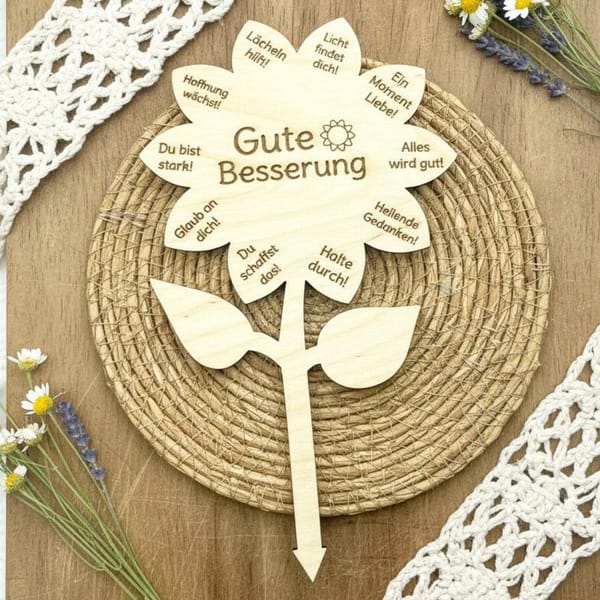 Blumenstecker Gute Besserung aus Holz – personalisierbar – Genesungsgeschenk Pflanze – Aufmunterung Geschenk – Holzstecker Genesungsgruß
