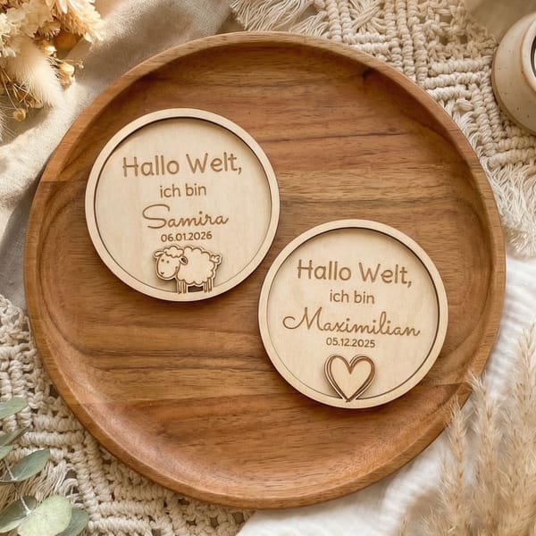 Namensverkündung Baby aus Holz – „Hallo Welt, ich bin …“ personalisierte Geburtsanzeige aus Holz