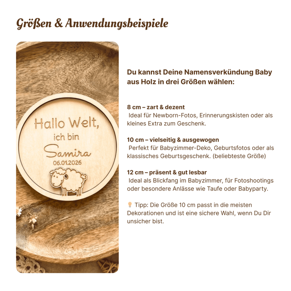 Namensverkündung Baby aus Holz – „Hallo Welt, ich bin …“ personalisierte Geburtsanzeige aus Holz