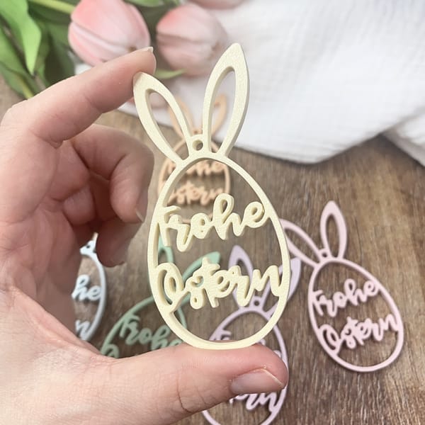 Osteranhänger Osterei „Frohe Ostern“ 3D gedruckt | Hasenohren Anhänger | Frühlingsdeko in Pastell | Geschenkanhänger Osterkorb