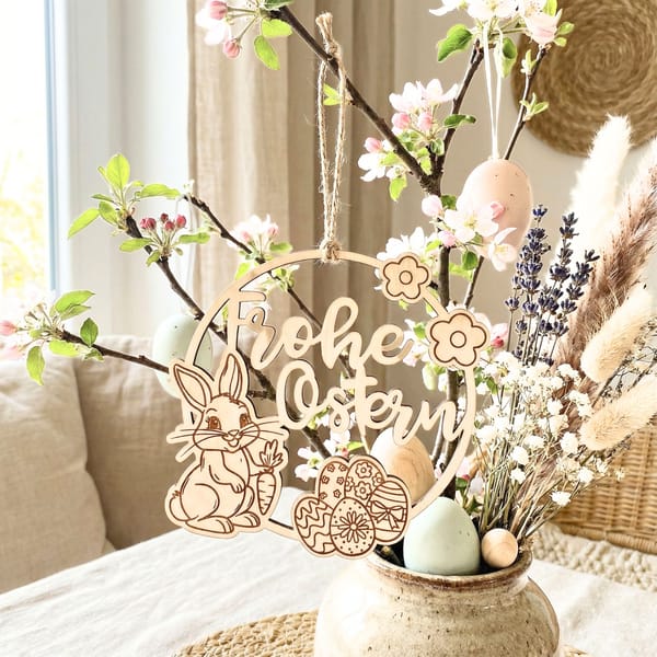 Osterkranz Holz Frohe Ostern, Türkranz Osterhase, Fensterbild Ostern, Holz Anhänger Osterdeko