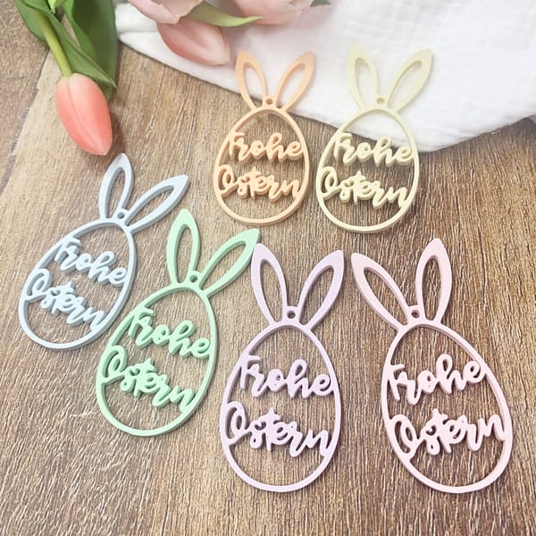 Osteranhänger Osterei „Frohe Ostern“ 3D gedruckt | Hasenohren Anhänger | Frühlingsdeko in Pastell | Geschenkanhänger Osterkorb