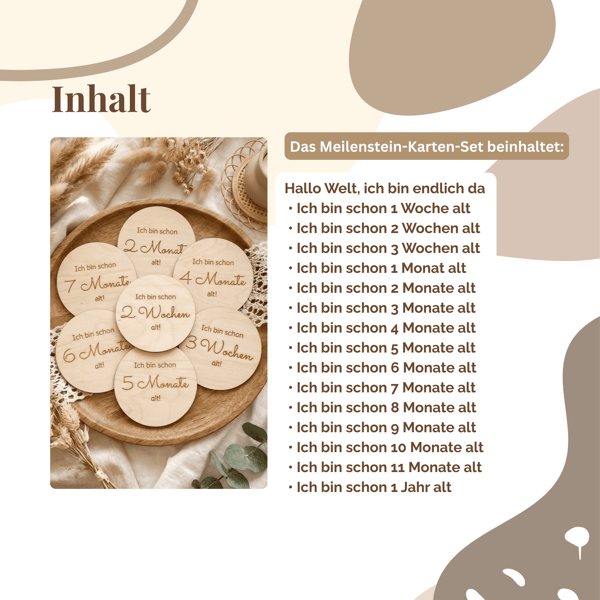 Meilensteinkarten Baby aus Holz rund | 13-teiliges Set | Baby Meilensteine 1–12 Monate | Babyfoto Requisite | Geschenk zur Geburt