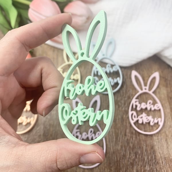 Osteranhänger Osterei „Frohe Ostern“ 3D gedruckt | Hasenohren Anhänger | Frühlingsdeko in Pastell | Geschenkanhänger Osterkorb