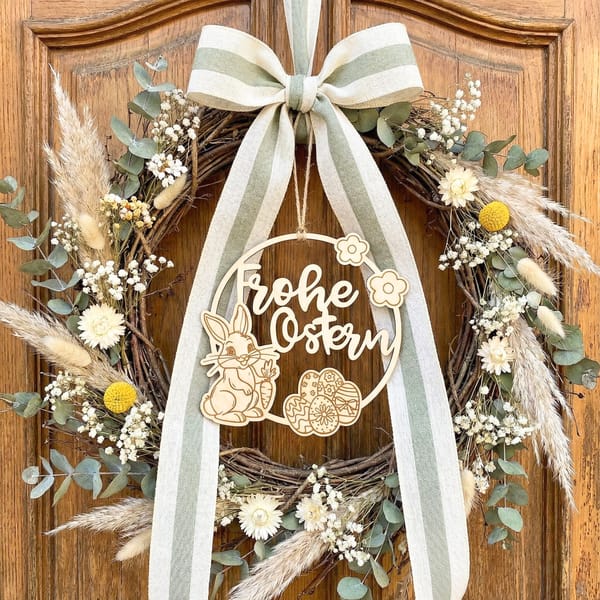 Osterkranz Holz Frohe Ostern, Türkranz Osterhase, Fensterbild Ostern, Holz Anhänger Osterdeko