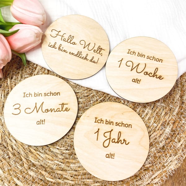 Meilensteinkarten Baby aus Holz rund | 13-teiliges Set | Baby Meilensteine 1–12 Monate | Babyfoto Requisite | Geschenk zur Geburt